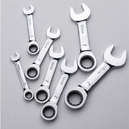 CRV Combination Wrench, Ratchet Wrench, Single-Ended, Short Type, Mirror Finish (15mm), for Car Maintenance