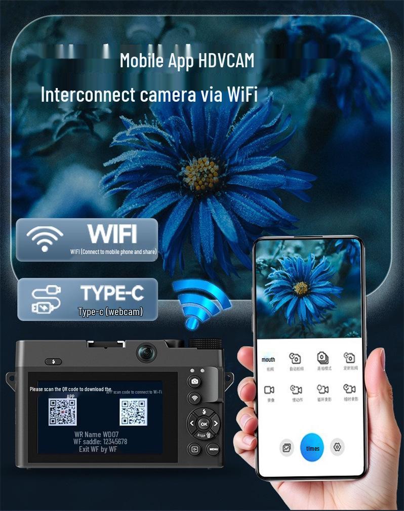 WD07 Mirrorless Digital Camera, 8MP, HD 5K, Dual Front and Rear Cameras, Beauty Self-timer.