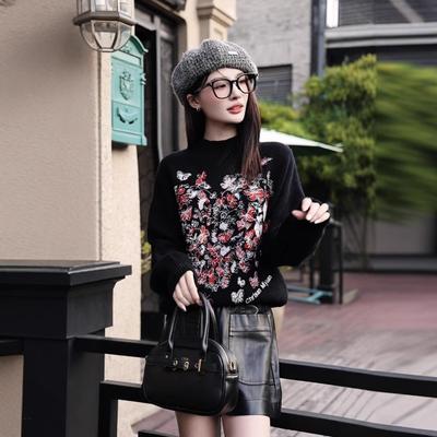 0% Wool~ Half Height Round Neck Pullover Flower Sweater Heavy Industry Embroidery Love Long Sleeve Knitted Sweater Women's Top