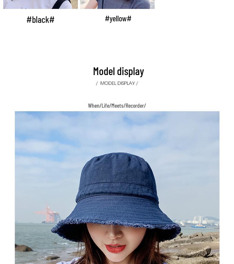 Damen Waschbarer Denim Fischerhut - Ausgefranster Rand, Koreanischer Stil, Trendig, Sonnenschutz, Schmeichelhaft für runde Gesichter