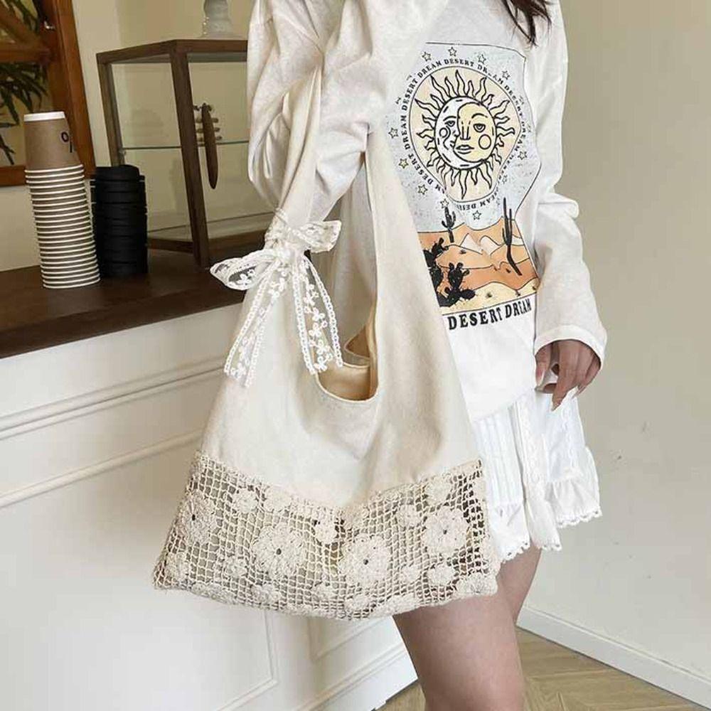 Tote Bag Flower Beach Bag Hollow Out Hollow Shoulder Bag Simple Solid Color Woven Bag  Girls