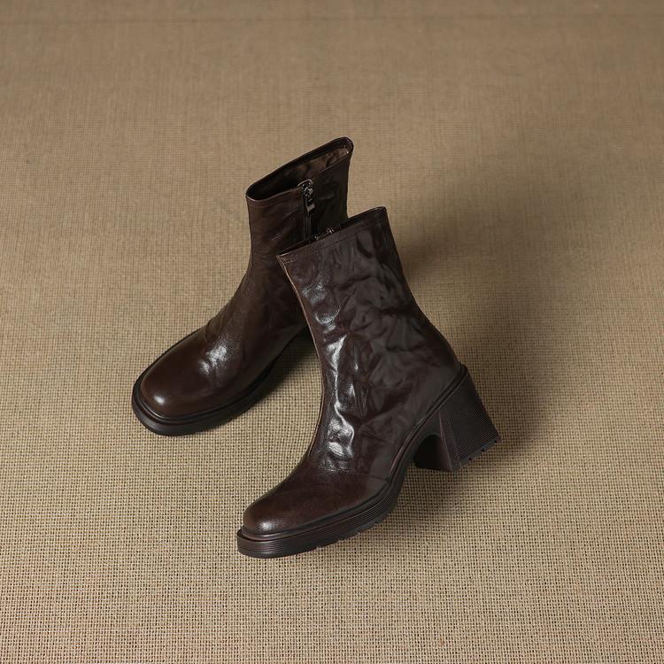 

Гигантские Мягкие Внутри и Снаружи Полностью Кожаные Квадратный Каблук Круглый Носок Боковая Молния Ботинки Челси Верх из Кожи Ретро Платформа Короткие Ботинки Ботинки Мартин 40 темно-коричневого