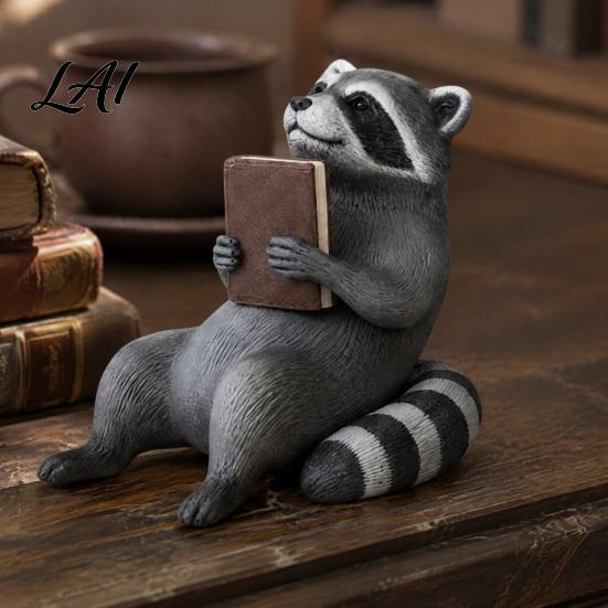 Cute Animal Collectibles Reading Raccoon Shelf Sitter 3D Printed Bookworm Figurine with Vintage Vibe Retro Style Room Decor Desk Bookshelf