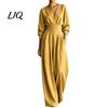 Casual Women Jumpsuit Women's Long Sleeve Jumpsuit, Deep V Neck Loose Wide Leg All Day Comfort Rompers, High Waist Summer One Piece Outfits