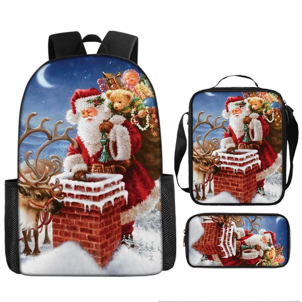 Santa Claus Christmas Tree Backpack Elementary School Bag Large Capacity Leisure Bag Lunch Bag Pencil Bag Three-piece Set