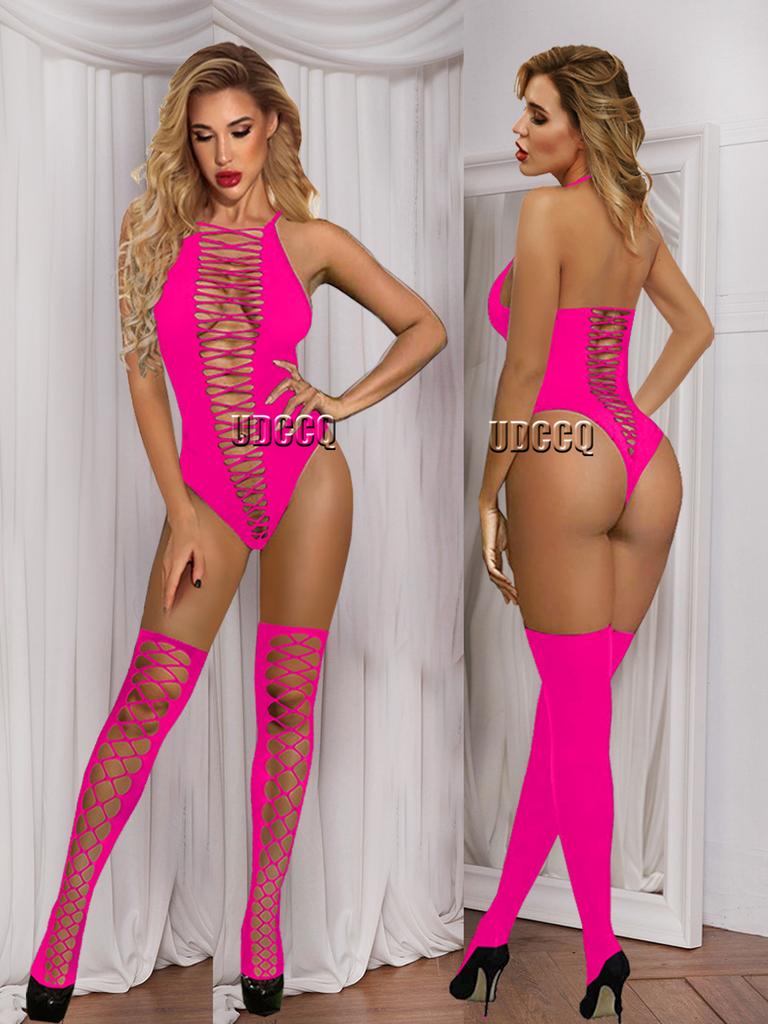 Sexy Crochet Fishnet Cosplay Lingerie Babydoll Underwear Costumes Chemises Teddies Sleepwear Hoot Sexy Dress Fluorescent Pink