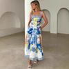 VEZFAA Women's Fashion Summer Spring Flower Pattern Print Sleeveless Suspenders High Waist Casual Dresses