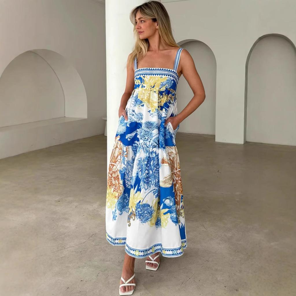 VEZFAA Women's Fashion Summer Spring Flower Pattern Print Sleeveless Suspenders High Waist Casual Dresses