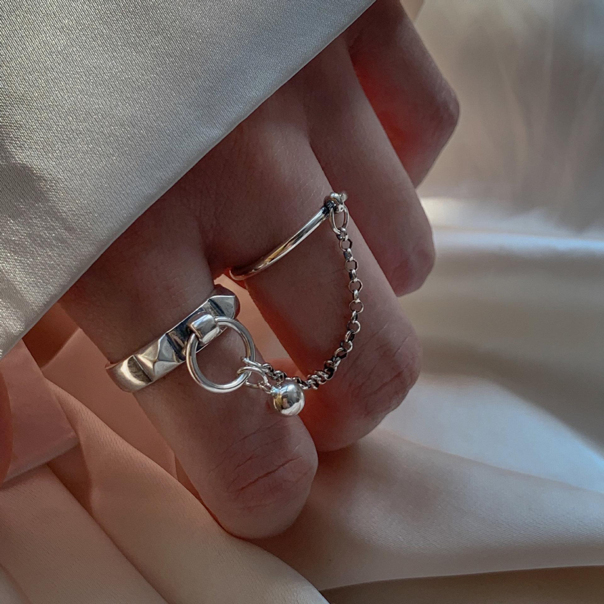 Stylish 2-Piece Retro Korean Chain Tassel Double Finger Open Ring Set Adjustable Open Ring