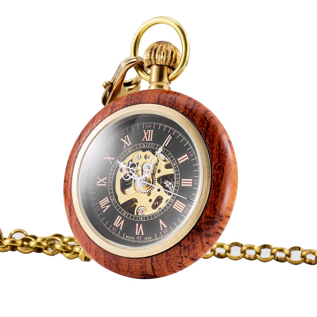 TREEWETO Orologio da Tasca Meccanico in Legno con Numeri Romani a Faccia Aperta Orologio da Taschino Uomo Donna Signora