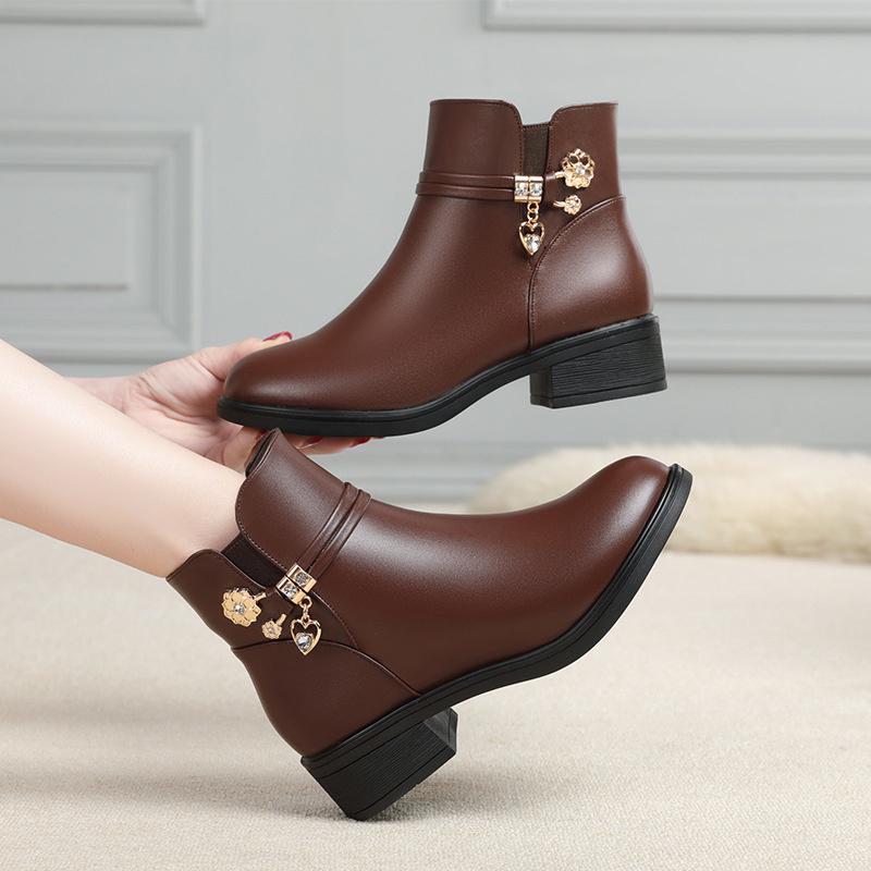 Winter Women Bare Boots Fashion Warm Short Boots Chunky Heels Comfortable Waterproof Fleece Soft Sole Snow Boots