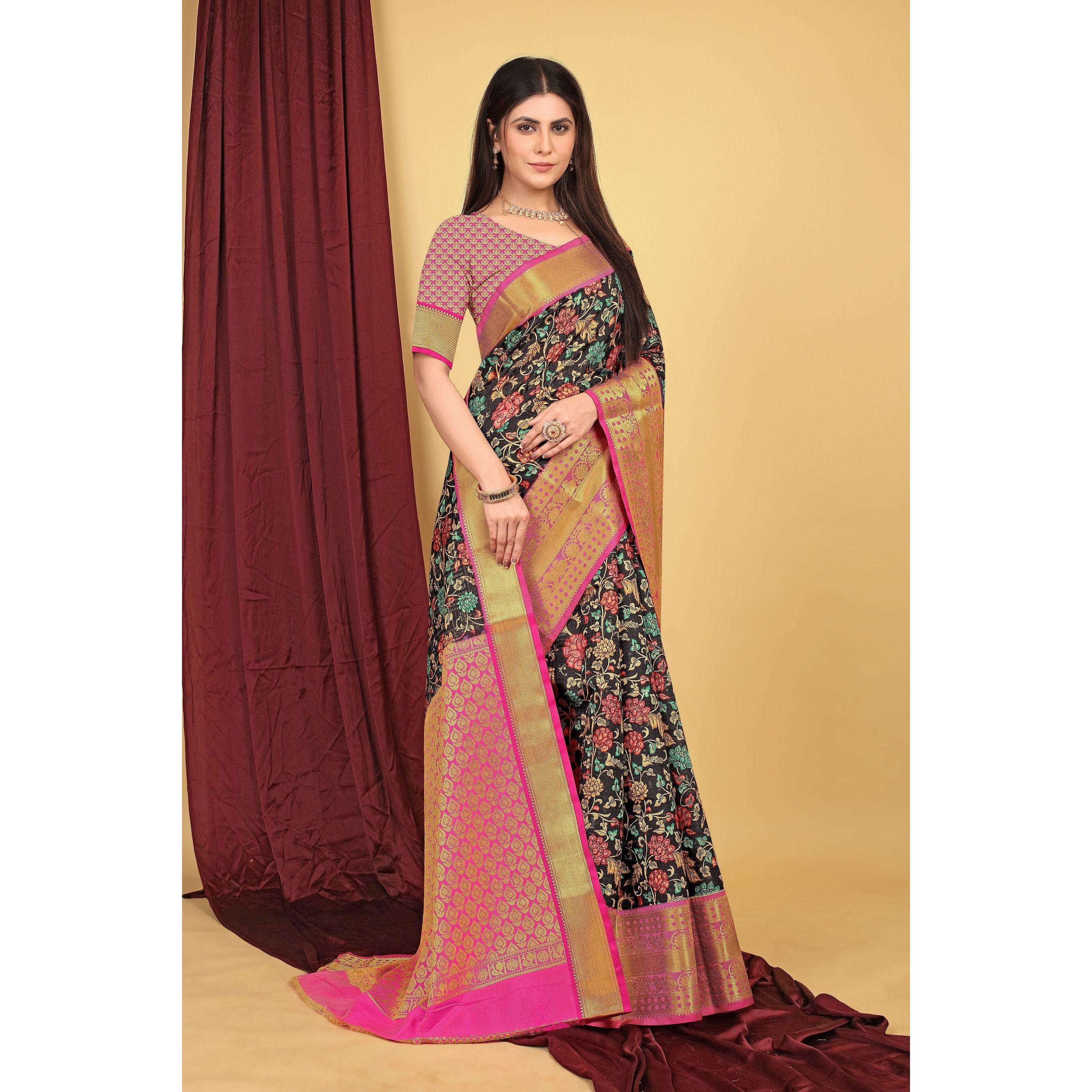 

Индийское традиционное мягкое шелковое сари ручной работы Kanchipuram с богатым контрастом Zari Wooven Pallu