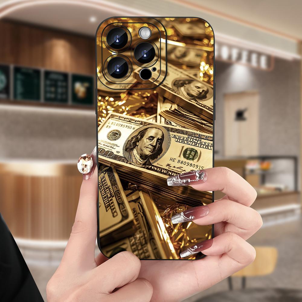 Gold US Dollar Banknote Print Design Phone Case For iPhone 16 15 14 13 12 11 Pro Max X XS XR 15 Plus 16e Silicone Soft Cover