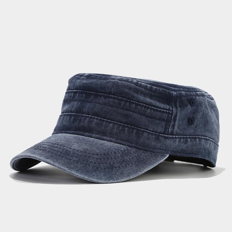British Navy Retro Washed Vintage Flat Top Baseball Cap Unisex Military Training Short Brim Sunshade Solid Color Plain Hat