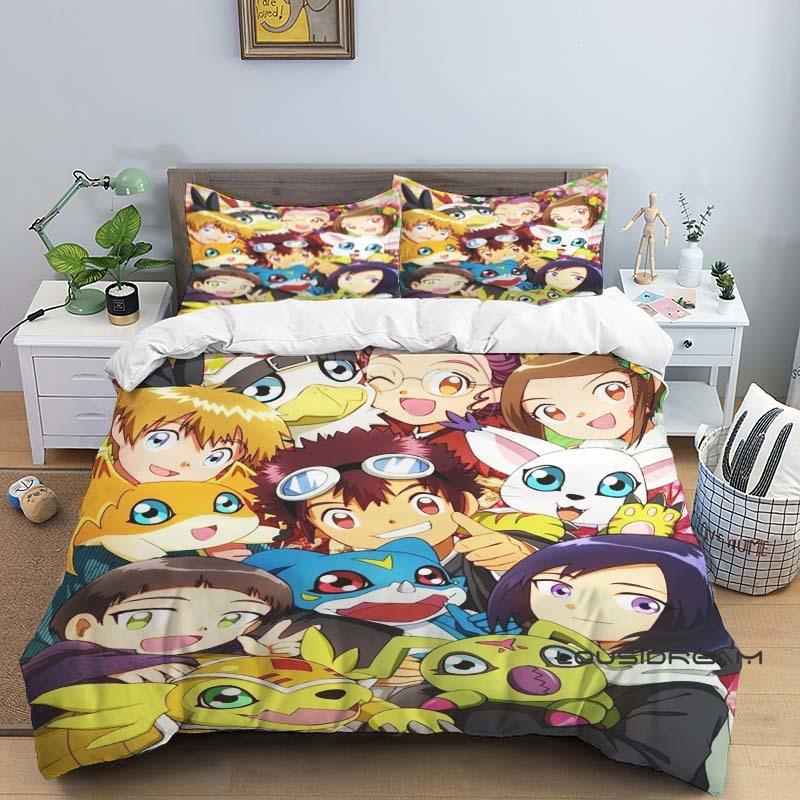 Digimon Cartoon 3D-Printed Bedding Set—Includes Duvet Cover and Pillowcases—Available for Single, Double, King, and Queen-Sized