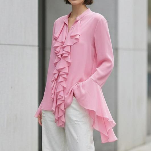 1116 spring and summer new court style chiffon top women's commuting versatile temperament ruffle leaf edge stand-up collar horn sleeve shirt