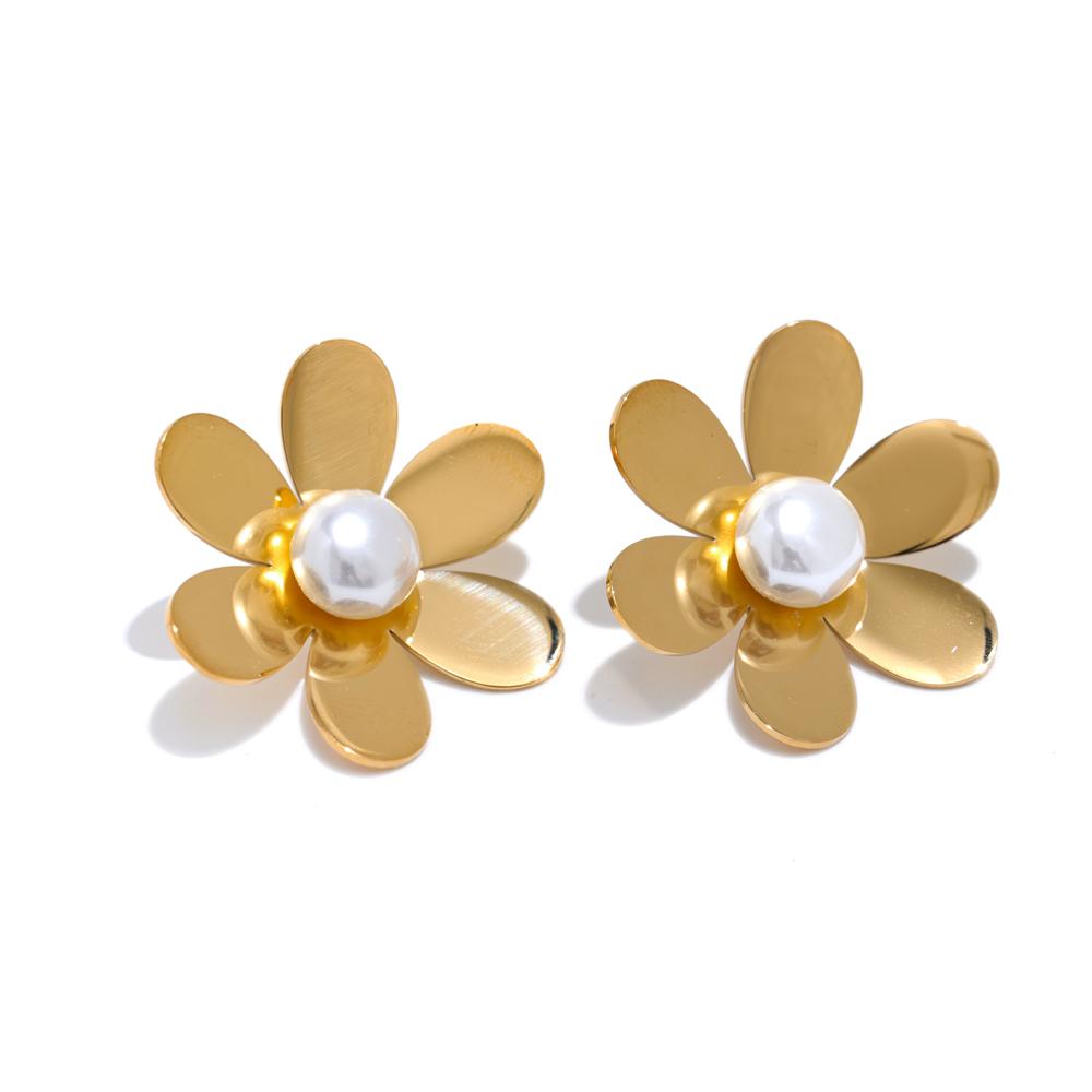 

Yhpup Fashion Smooth Stainless Steel Simulated Pearls Flower Daily Trendy Stud Earrings Waterproof Attractive Jewelry Accessory