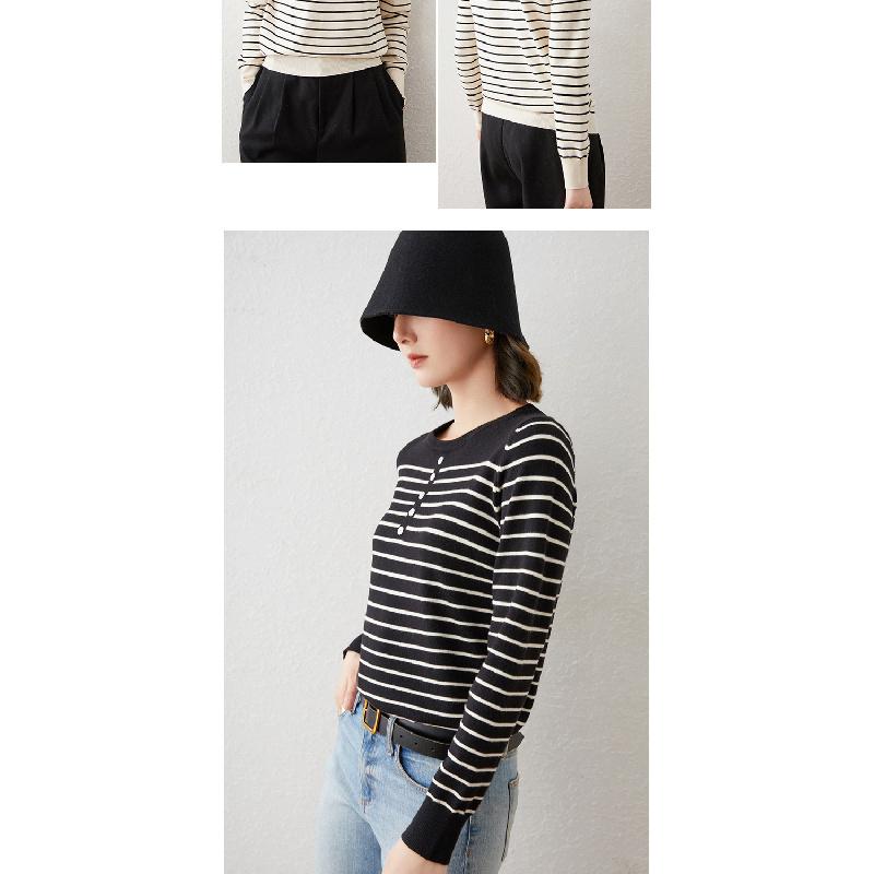 Striped long-sleeve knit top for women, 2026 spring and autumn new style, short Korean version, loose casual inner sweater