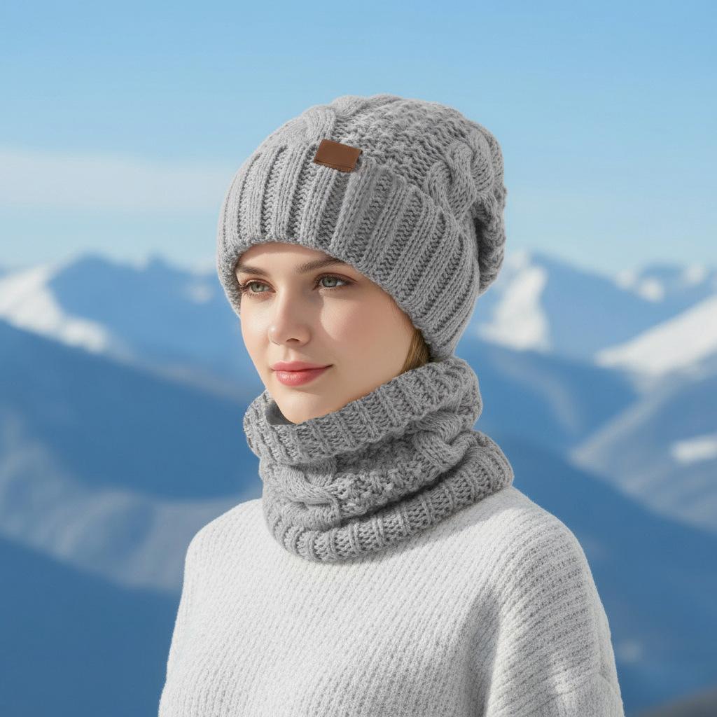 Autumn and winter warm knitted hat scarf set women's ear protectors wool hat outdoor windproof warm headgear solid color versatile