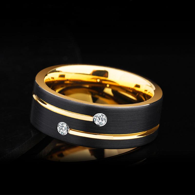 Luxus Herren 8mm Schwarz Edelstahl Gold Farbe Ring Kristall Ehering Für Männer Verlobungsfeier Schmuck Geschenk