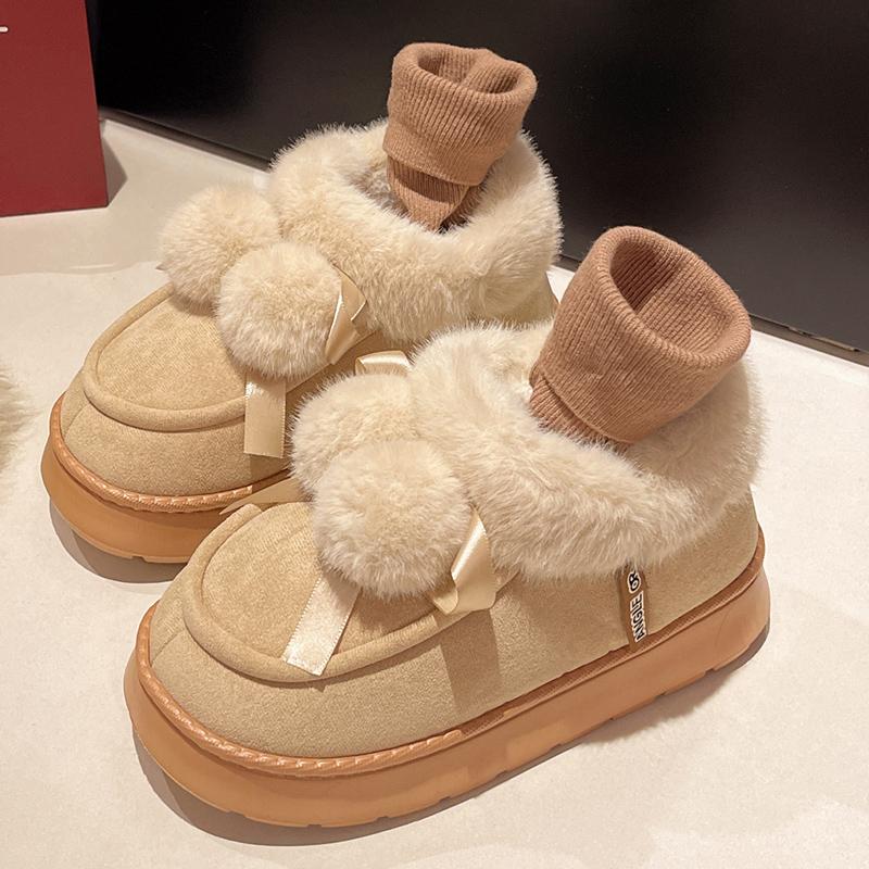 fashion Winter Women's Snow Boots Cute Hairball Cotton Shoes Waterproof Platform Ankle Boots Outdoor Comfort Thick Soled Plush Booties