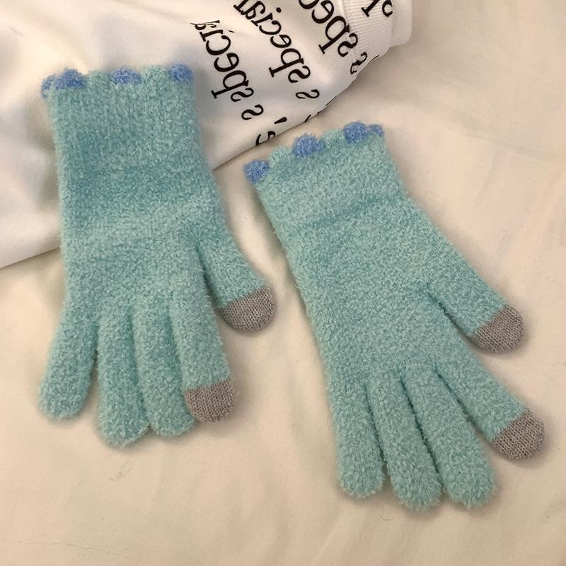 Small Jelly Bean Coral Velvet Knitted Woolen Gloves for Women Cold Proof  Thickened  Warm  Touch Screen Autumn and Winter