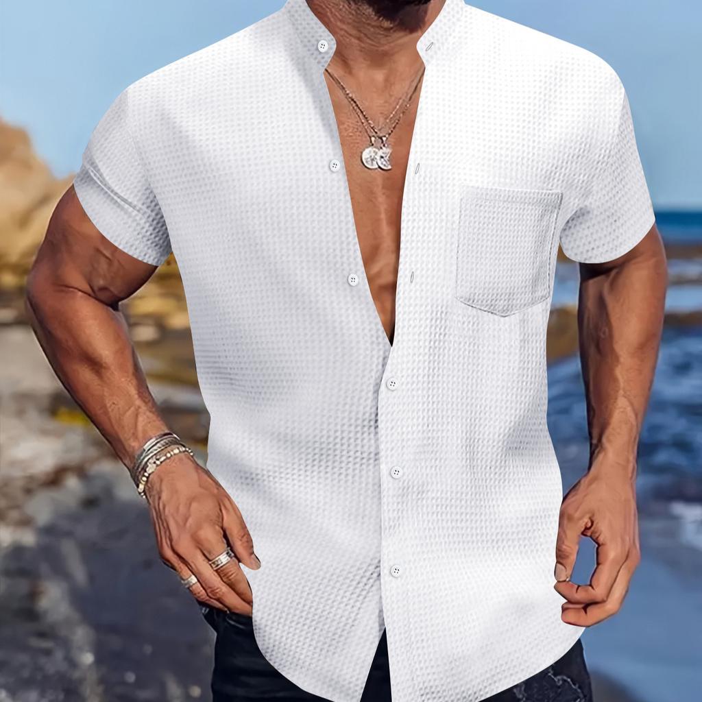 Summer Cross-border men's shirt casual Henry collar pocket short sleeve