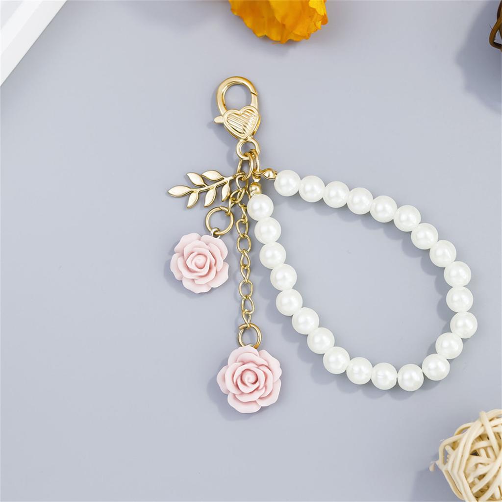 Stylish Faux Pearls and Rose Key Holder Beaded Key Chain Bag Charm Lightweight Keychain Ornament for Women Girls