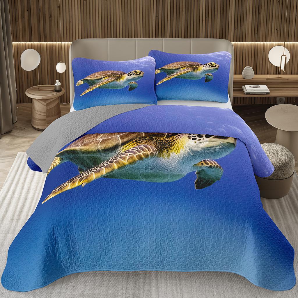 Sea Turtle Bedspread Queen Twin Underwater World Ocean Animal Coverlet Reptile Tortoise Print Quilted Bedding Set for Kids Adult