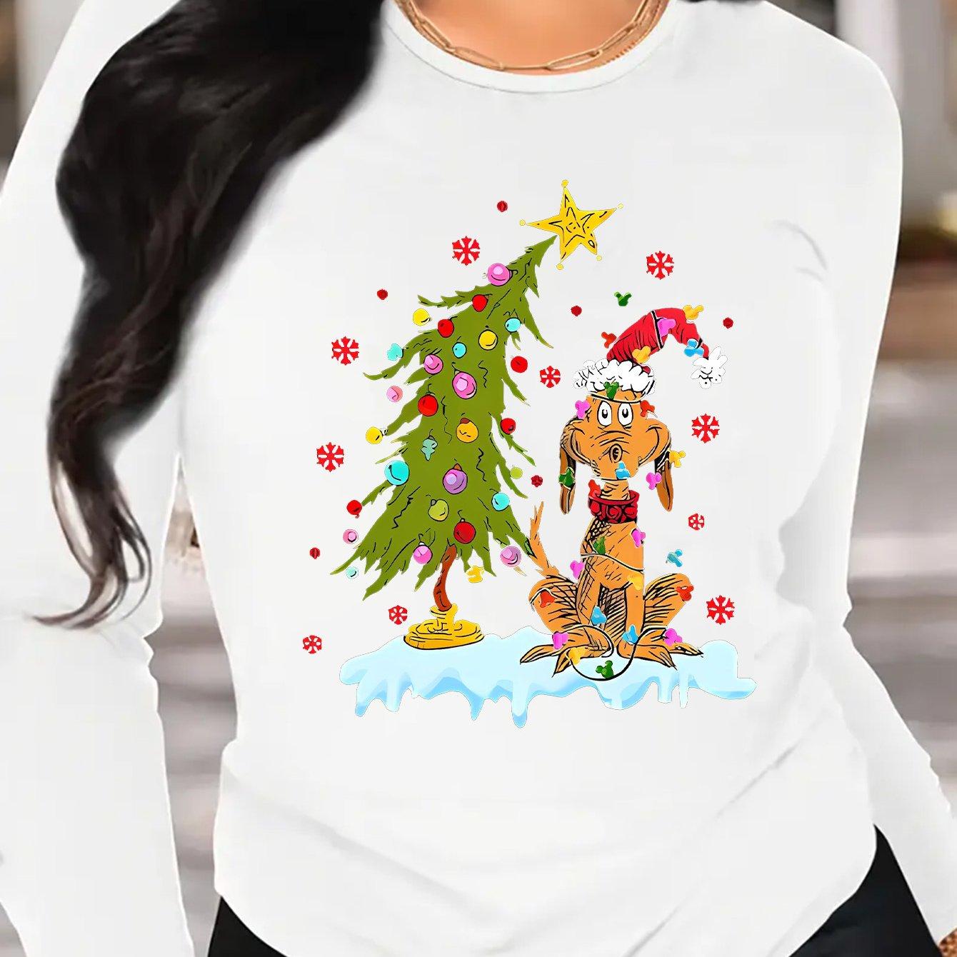 

Elegant Christmas tree with dog pattern round neck long sleeve T-shirt - knitted polyester blend with spandex XL