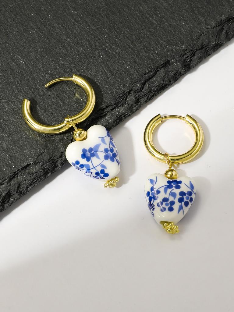 Ohrringe im Retro-Stil, chinesisch inspiriert, blau, aus Keramik, in Herzform, perfekt für den Alltag von Frauen.