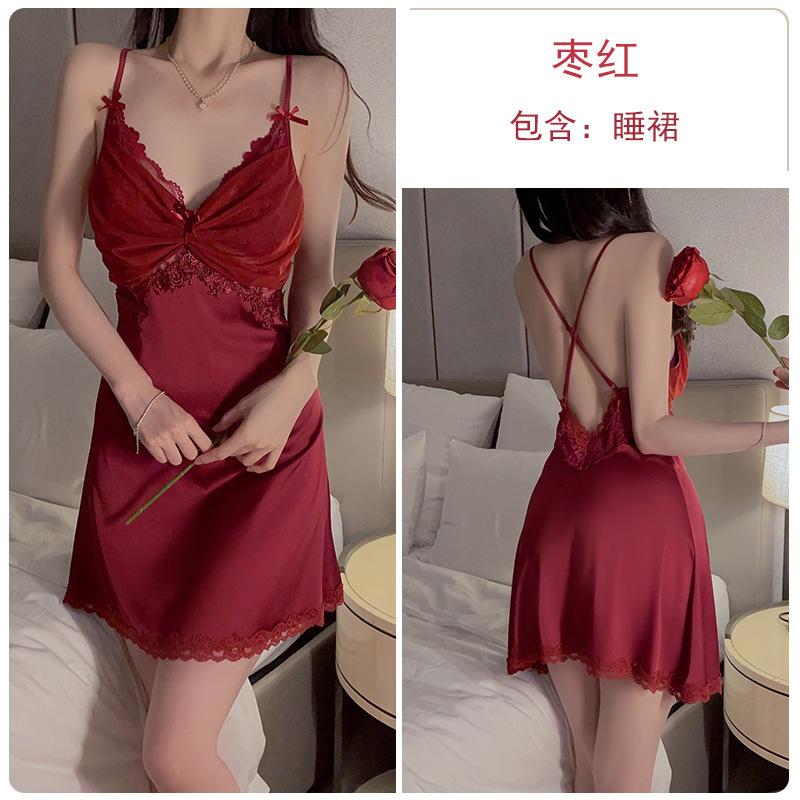 Satin Plus Chest Pad Pleated Mesh Small Chest Showing Large Satin Lace Nightdress Robe Loungewear Set