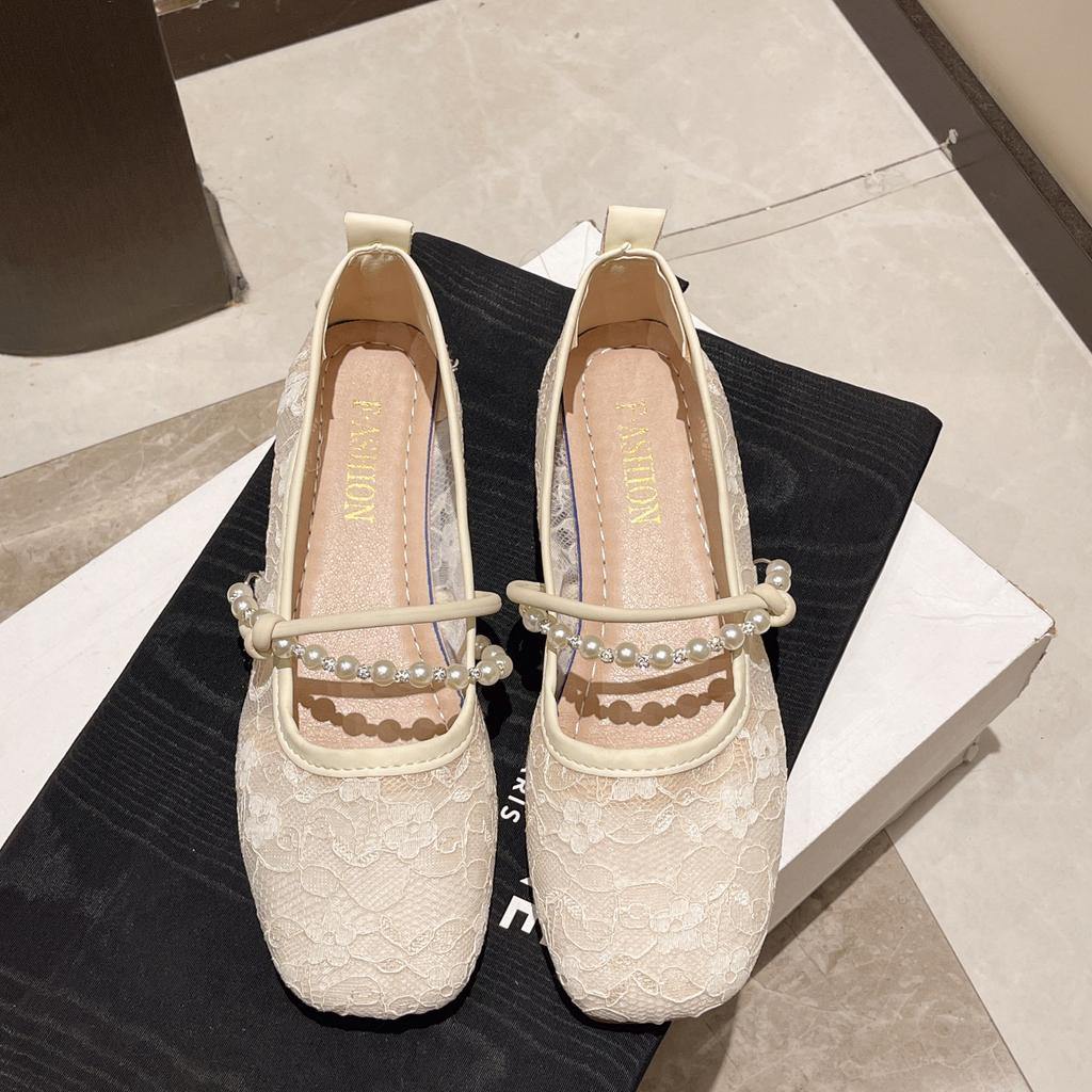 Leather shoes flat-soled single shoes  shallow mouth pearl one-word buckle with fashionable mesh women's soft sole