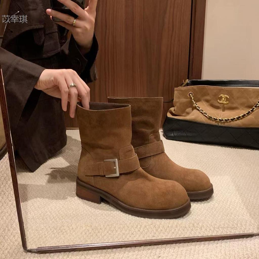 Cowhide version~ Grape mother same height increase 4.5cm Maillard Martin boots women's Korean round head buckle belt thick heel short boots