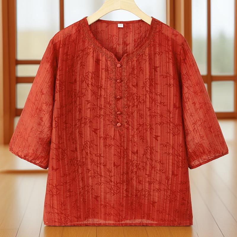 Middle Aged And Elderly Women's Casual Breathable Round Neck Short Sleeved Chinese Style T-shirt Western Style Top For Women