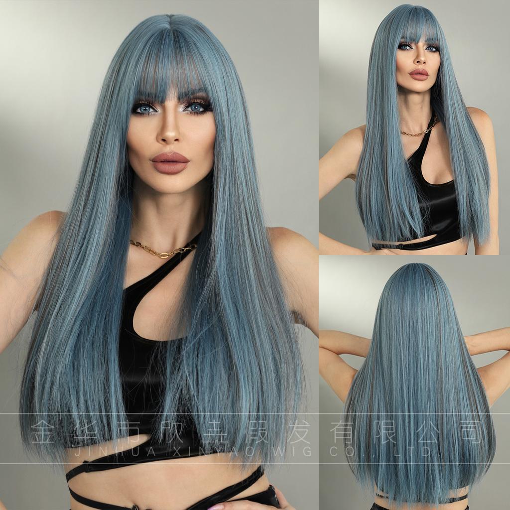 Multi Colored Optional Long Straight Hair With Bangs Wig Women's Full Head Set Natural Synthetic Matte High-temperature Silk