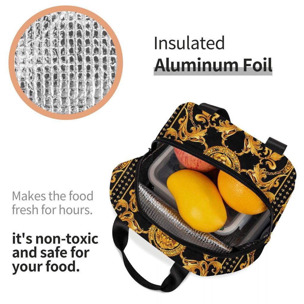 Golden Lion Baroque Pattern Insulated Lunch Bag for Women Kids Portable Food Boxes Thermal Lunch Box Tote