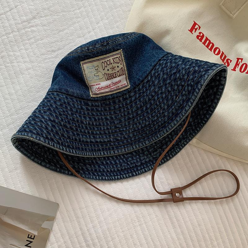 Japanese sticker denim bucket hat women wash old big brim show face small sunshade sunscreen hat