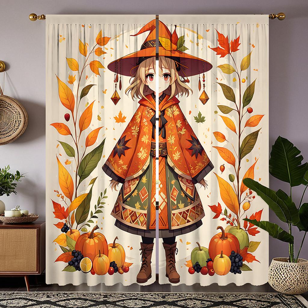 Ensemble de 2 pièces HD Thanksgiving Dessin animé Fille citrouille rideau décoratif Jaune cravate rideau imprimé numérique Style Décoration de la maison