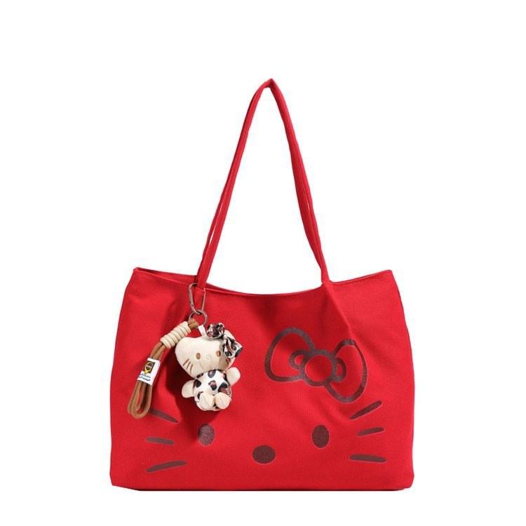 Hello Kitty Trendy Canvas Handbag With Durable Material And Double Shoulder Straps For Women