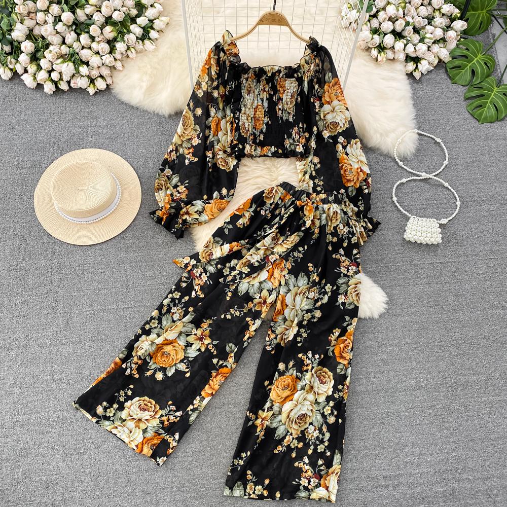 Fashion Set Women's  Long Sleeve Square Neck Slim Fit Chiffon Shirt 2 Two Pieces Suits Sets High Waist Slim Wide L
