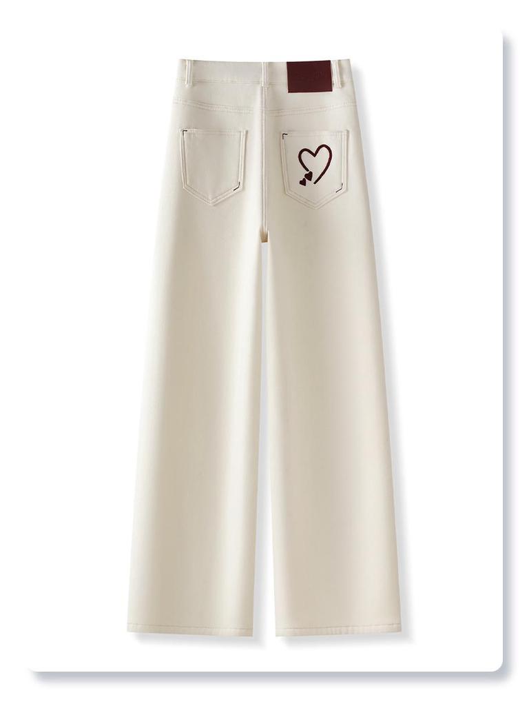 Women's Beige Fleece-Lined Jeans: Fall/Winter 2024 High-Waisted Slimming Pants, Narrow, Wide, Loose & Straight-Leg Styles