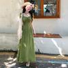 Celebrity Daughter Senior Sense French Age Reduction Polka Dot Square Collar Dress Summer New Korean Green Long Dress