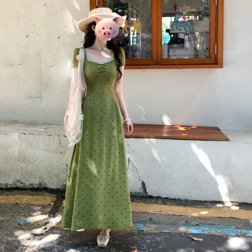 Celebrity Daughter Senior Sense French Age Reduction Polka Dot Square Collar Dress Summer New Korean Green Long Dress