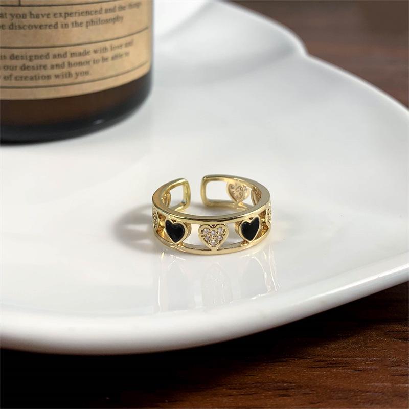 Elegant Black  White Heart Adjustable Open Ring for Women - Hollowed-Out Peach Heart Design Open Adjustable