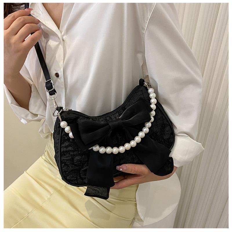 Women's Faux Leather Bowknot Shoulder Bag, Retro Pearl Decorated Crossbody Purse, Small Square Satchel for Daily Wear