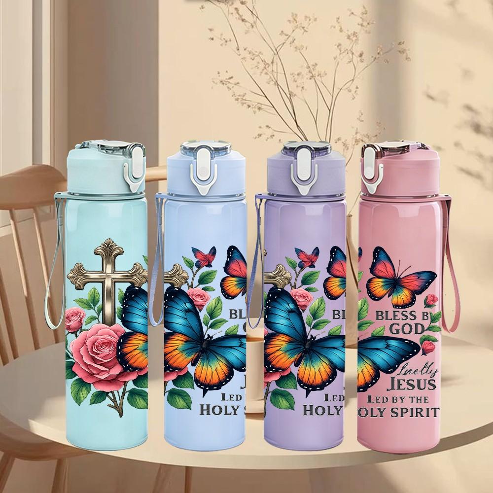 1PC Cross Rose Butterfly Faith Pattern 750ml Color Plastic Sports Water Bottle Leakproof Flip Straw Lid Suitable for Sports Office Home Use