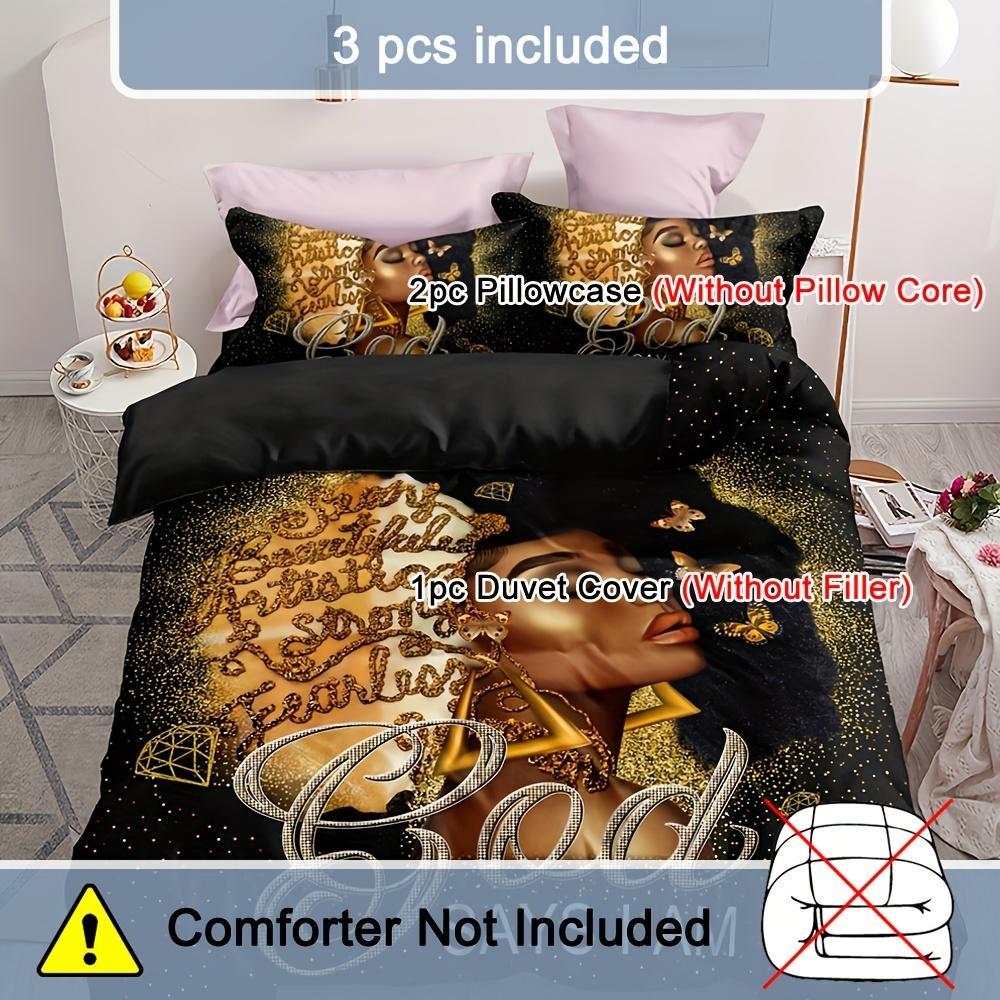 3pcs Duvet Cover Set, Golden Powder Butterfly African American Black Girl Print Bedding Set, Soft Comfortable Duvet Cover
