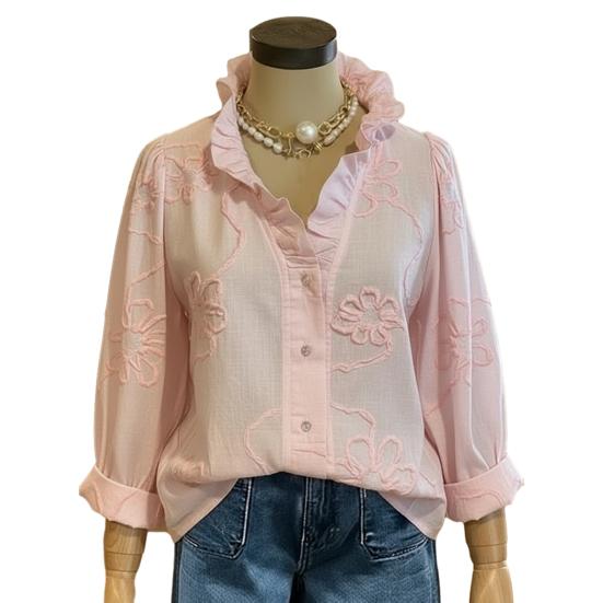 Women Shirt V-Neck Lace Trim Long Sleeve Pullover Tops Pure Color Embroidery Flower Pattern