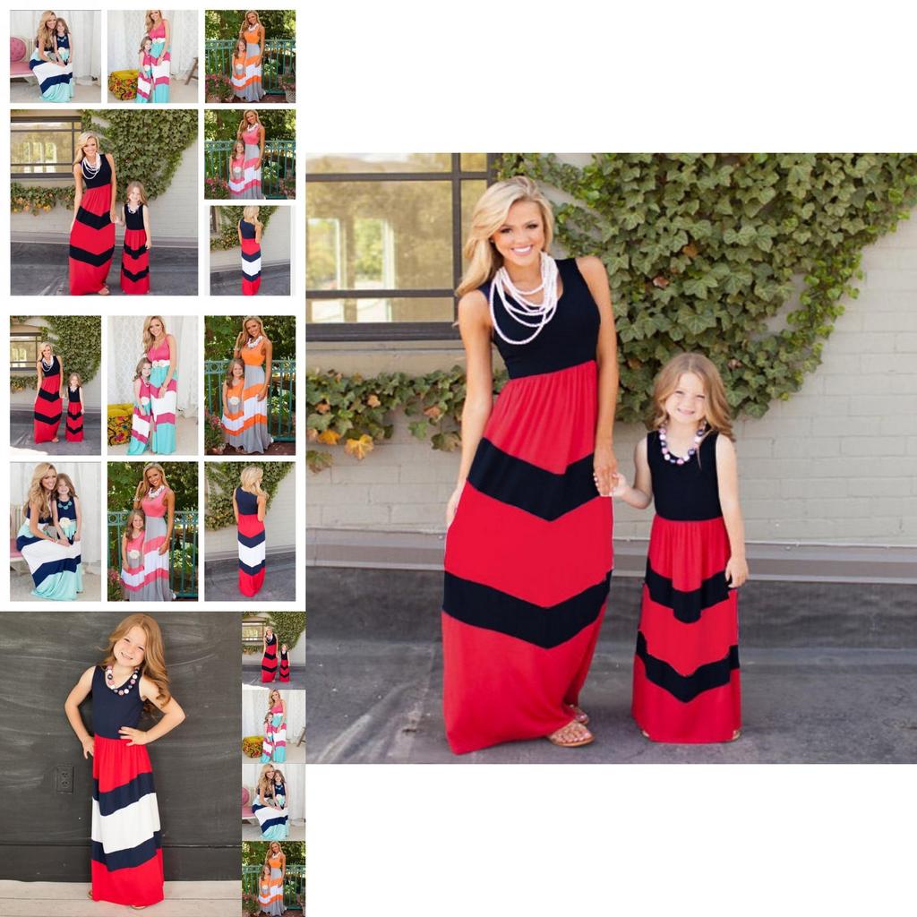 Oszałamiająca Sukienka Maxi w Pasy Niebiesko-Czerwone Color-blocking dla Kobiet i Dzieci